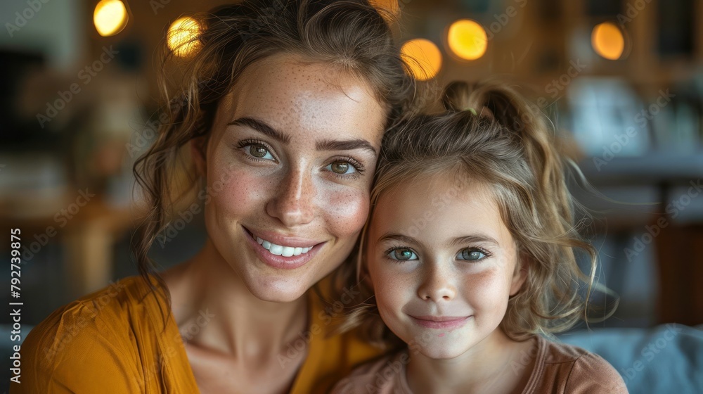 Smiling Mother Embracing Adorable Little Daughter, Looking at the Camera Smiling Mother Embracing Adorable Little Daughter, Looking at the Camera