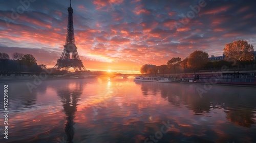 Eiffel Tower by the river at sunset © Jing