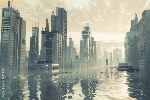 Rising Tides: Futuristic Metropolis Engulfed by Climate Chaos,Submerged Skyscrapers: A Haunting Vision of Climate Crisis  photo