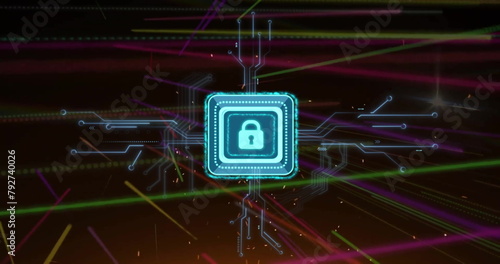 Image of padlock icon with computer circuit board over light trails on black background