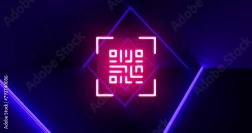 Image of qr code over neon shapes on black background