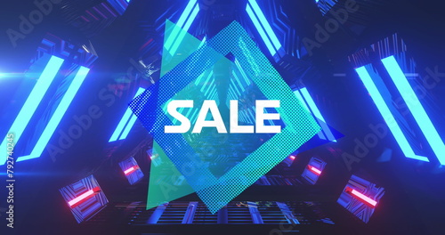 Image of glitch effect over sale text banner against glowing blue tunnel in seamless pattern