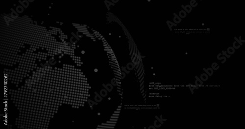 Image of data processing and globe on black background