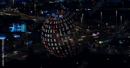 Image of globe with binary coding and data processing over cityscape