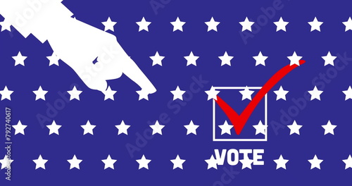 Image of hand pointing on vote text over stars on blue background