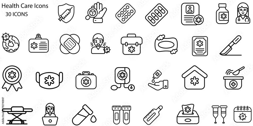 Health care web icons in line style. Medicine, check up, doctor, dentistry, pharmacy, lab, scientific discovery, collection. Vector illustration. Health care web icons in line style. Medicine, check up, doctor, dentistry, pharmacy, lab, scientific discovery, collection. Vector illustration.