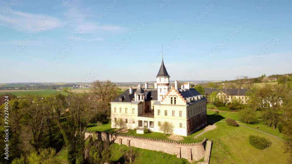 Old Renaissance Castle Of Radun Near Opava In Czech Republic. aerial pullback shot Old Renaissance Castle Of Radun Near Opava In Czech Republic. aerial pullback shot