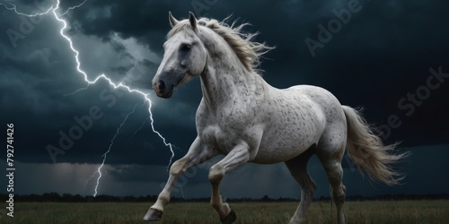 White horse on thunderclouds background