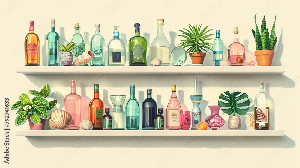 Shelf Showcase An illustration of a shelf displaying a variety of items, including liquidfilled bottles, potted plants, and seashells, as well as drinkware like plastic and glass bottles, some with pi Shelf Showcase An illustration of a shelf displaying a variety of items, including liquidfilled bottles, potted plants, and seashells, as well as drinkware like plastic and glass bottles, some with pi