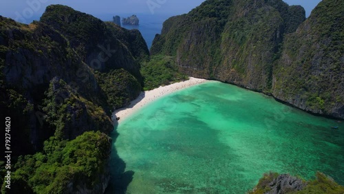 Turquoise water beach of Maya Bay in exotic Thailand. Aerial photo