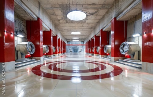 An impressive circular tunnel with a hypnotic red and white pattern, emitting a futuristic and design-driven ambiance photo