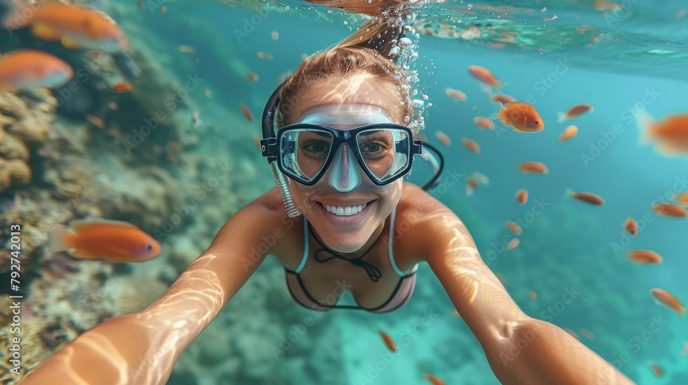 A woman in a snorkel and goggles swimming through the water, AI