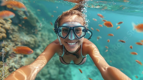A woman in a snorkel and goggles swimming through the water, AI © starush