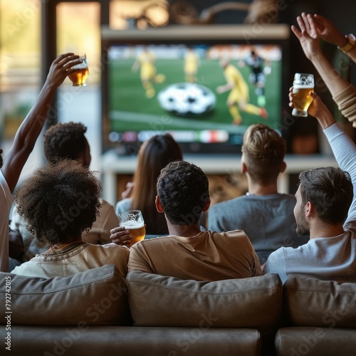 Diverse Group of Friends Enjoying Football on TV