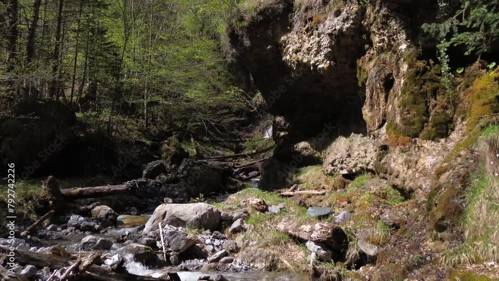 Drone Fly through Magical Forest with Mountain Rriver and Water dropping from Cliffs. Austria, Europe Drone Fly through Magical Forest with Mountain Rriver and Water dropping from Cliffs. Austria, Europe