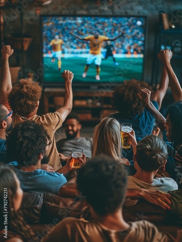 Diverse Group of Friends Enjoying Football on TV © Jardel Bassi