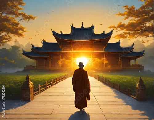 Sunset Serenity: Monk Facing the Setting Sun amidst Temples and Buddhas in the Landscape