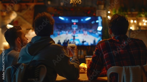 Back view of men and friends sitting at table with beer and snacks watching online basketball game on TV at home.