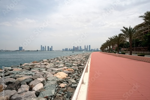 Dubai Skyline from Palm Jumeirah the view of Burj Al Arab and Dubai Downtown in the day
