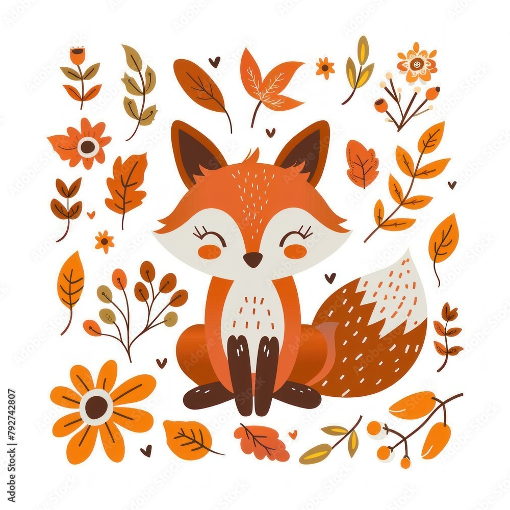 Naklejka premium Adorable Autumn Fox Surrounded by Colorful Fall Foliage - Generative AI