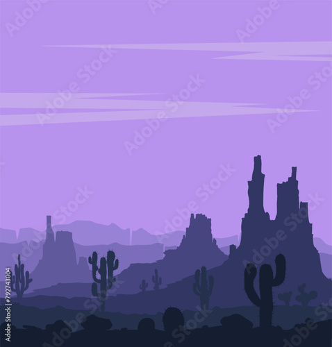 Set of desert landscapes with cacti, succulents, rocks, blue mountains and violet sky. Vector illustration for travel banner.