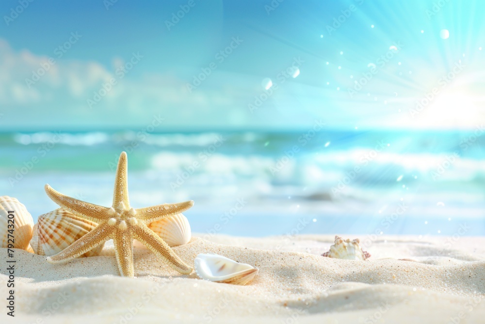 Beautiful beach with starfish and shells on white sand, blurred blue sea in the background. summer vacation concept.