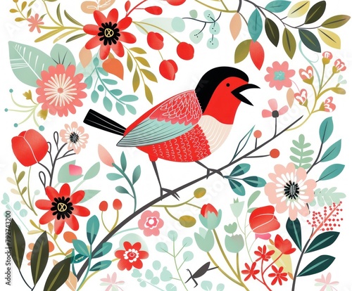 Vibrant Songbird Amidst Blossoming Flora - Generative AI Artwork