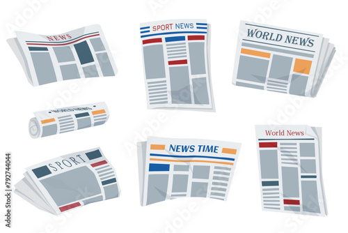 Folded newspapers. Modern news publications. Newspaper icons set. Periodical printing products, daily news and sport, food and medicine, business information, latest press.