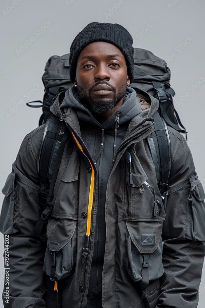 A man with a backpack on his back and wearing a jacket, AI A man with a backpack on his back and wearing a jacket, AI