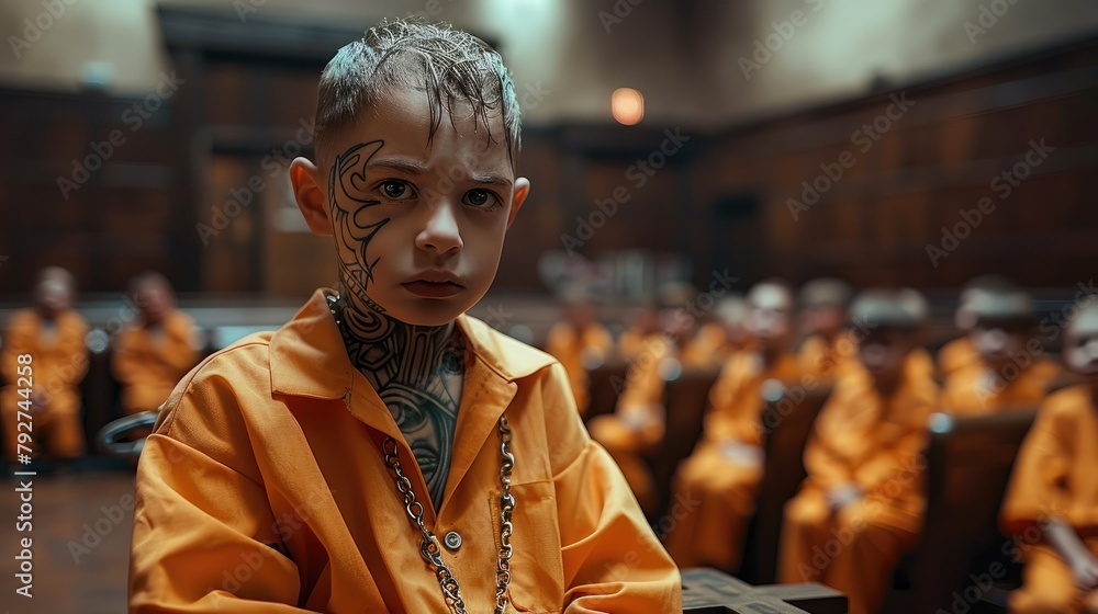 A tattooed child chained in a courtroom wearing orange clothes, audience in the background. Generative AI. A tattooed child chained in a courtroom wearing orange clothes, audience in the background. Generative AI.