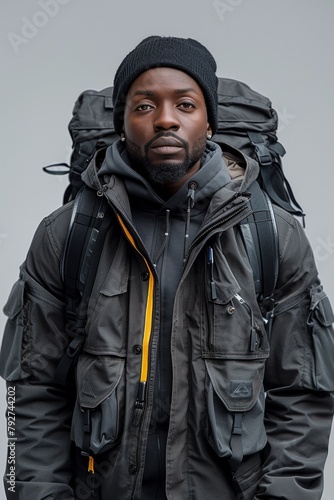 A man with a backpack on his back and wearing a jacket, AI