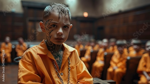A tattooed child chained in a courtroom wearing orange clothes, audience in the background. Generative AI. photo