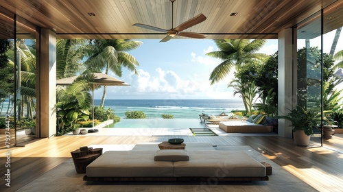 An open-air lounge with sleek wooden flooring, overlooking the azure ocean and palm trees swaying in the breeze. A ceiling fan gently swirls overhead. Generative AI. photo