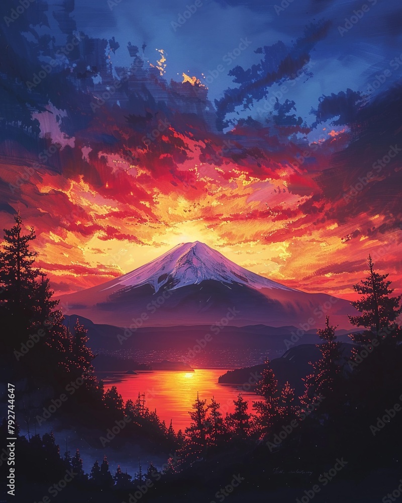 Mt Fuji silhouetted against a fiery sunset The sky blazes with shades of red, orange, and purple, while the volcano stands in stark