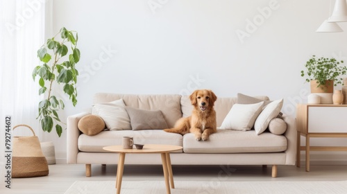 Cute dog lies on a comfortable sofa in a modern bright living room
 photo