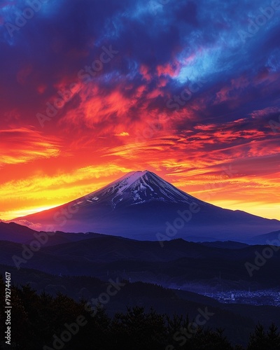 Mt Fuji silhouetted against a fiery sunset The sky blazes with shades of red, orange, and purple, while the volcano stands in stark