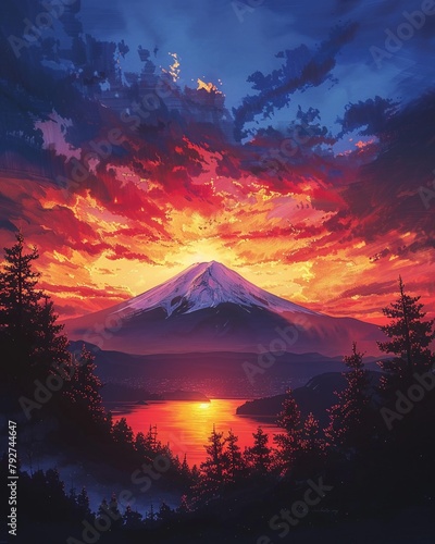 Mt Fuji silhouetted against a fiery sunset The sky blazes with shades of red, orange, and purple, while the volcano stands in stark © NatthyDesign