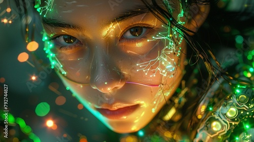A fully body beautiful japanese cyberwoman covered in cybernetic mechanical filigree leaf made of circuits, wiers and gears, photorealistic, hyper detailed photo