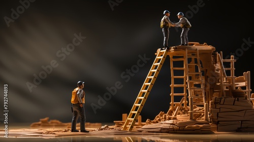 Two construction workers on a ladder shaking hands with another worker below them. photo
