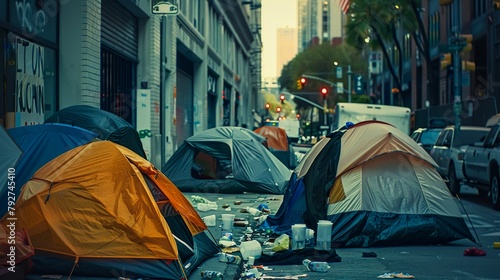 Urban Homelessness: Tents on a Littered City Street at Dusk. Generative ai