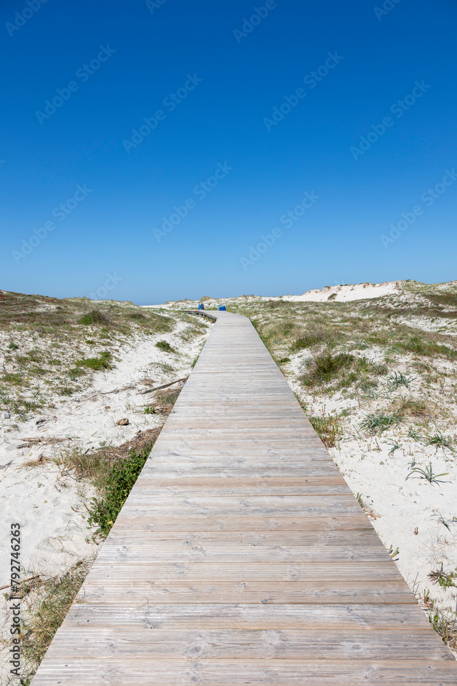 A serene wooden pathway meanders through the sandy dunes covered in sparse vegetation under a clear blue sky, evoking a sense of calm and escape