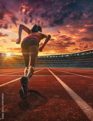 Determined Athlete Sprinting on the Track at Sunset. Generative ai