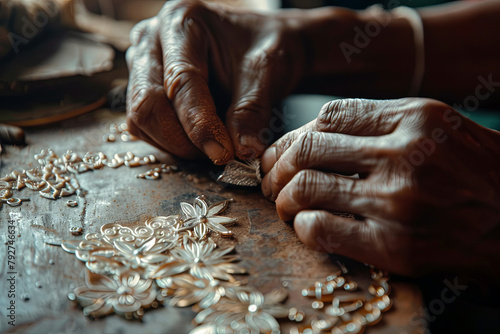 Close-up view of hands meticulously creating detailed jewelry, demonstrating the craft's precision and passion