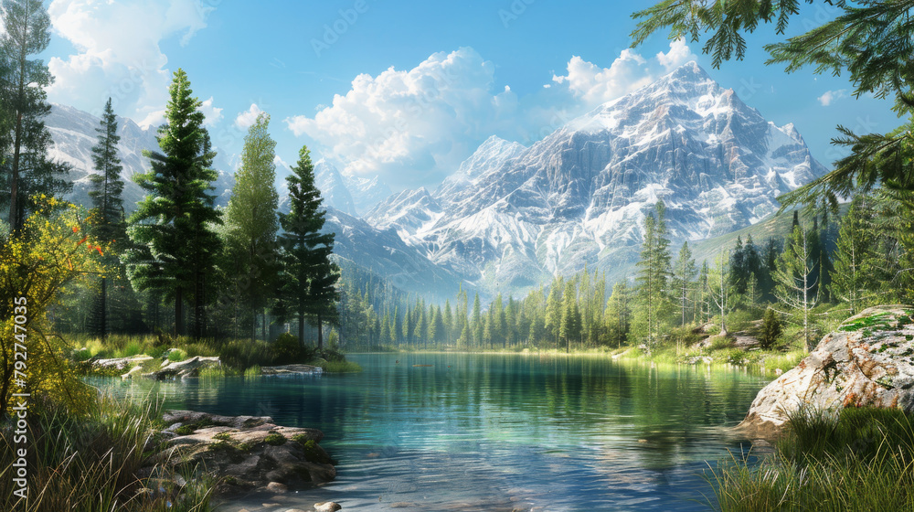 Beautiful nature with rivers and pine trees along with mountains.