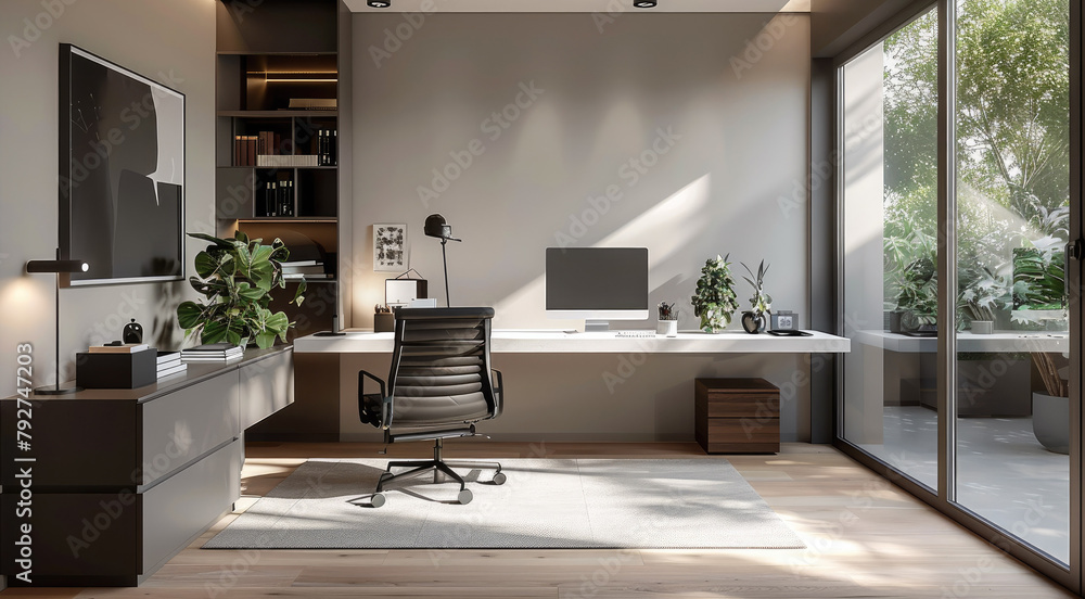 A modern home office featuring an L-shaped desk with the user back to the wall. Generative AI. A modern home office featuring an L-shaped desk with the user back to the wall. Generative AI.