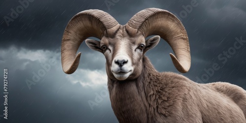 Bighorn sheep on thunderclouds sky photo