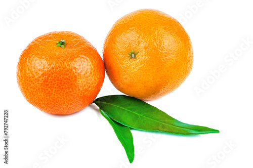 Two ripe tangerine with leaves isolated on white background