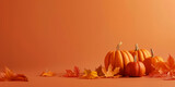 Pumpkins on an orange background. A banner with a copy space for text for autumn holidays - Halloween, Thanksgiving, harvest celebrations