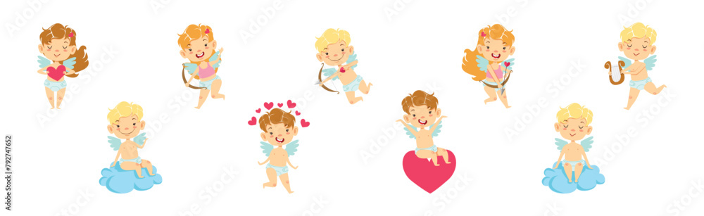 Cupid Boy and Girl Angel Character with Wings Vector Set Cupid Boy and Girl Angel Character with Wings Vector Set