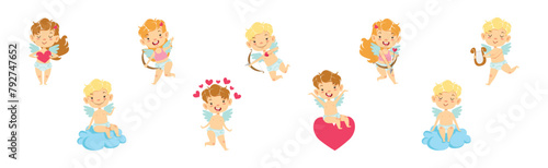 Cupid Boy and Girl Angel Character with Wings Vector Set